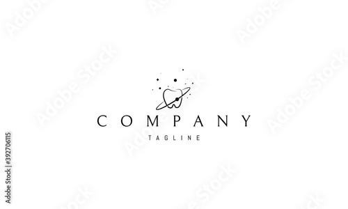Vector logo on which an abstract image of a tooth with an orbit and a planet on a background of stars.