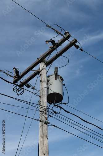 Utility pole with transformer and power lines