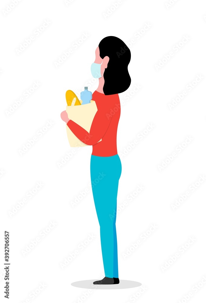 Woman in protective facemask with a package with food Woman in protective facemask with a package with food