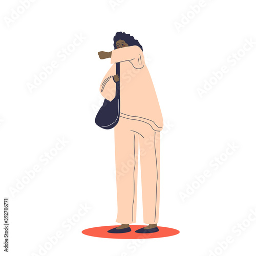 Cartoon woman cough and cover face with elbow. Young female character coughing in hand