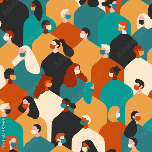 Different people wearing medical face mask. Coronavirus. Racism. Flat style. Seamless pattern. Vector background.
