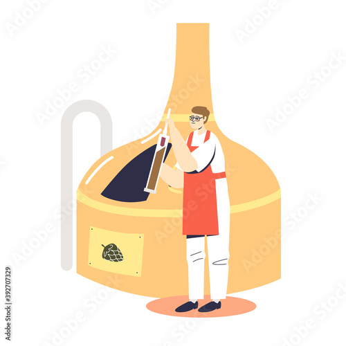 Man producing beer. Brewery factory production: wort boiling, fermentation, and filtration process