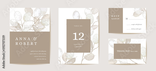 Wedding honesty flower invitation card, vintage botanical Save the Date set. Design template of lunaria photo