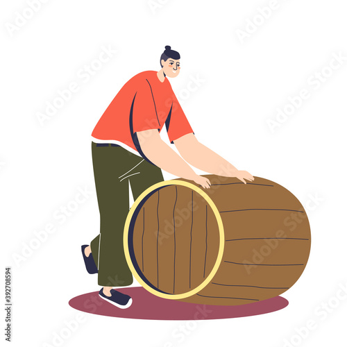 Beer production. Cartoon male character rolling wooden barrel of fresh brewed beer