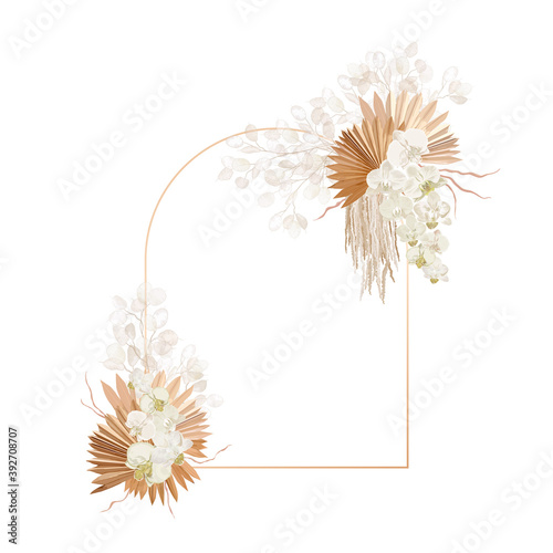 Floral decoration vector frame. Dried lunaria, orchid, pampas grass wedding wreath. Exotic dry flowers
