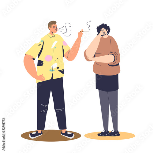 Man smoking cigarette near coughing and covering face woman. Passive smoker concept