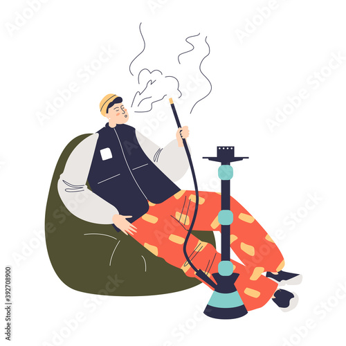 Young man smoking hookah or shisha sitting relaxed in bag chair. Relaxed cartoon hipster guy