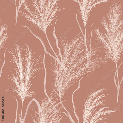 Watercolor floral autumn background. Dry pampas grass seamless vector pattern. Boho fall texture illustration
