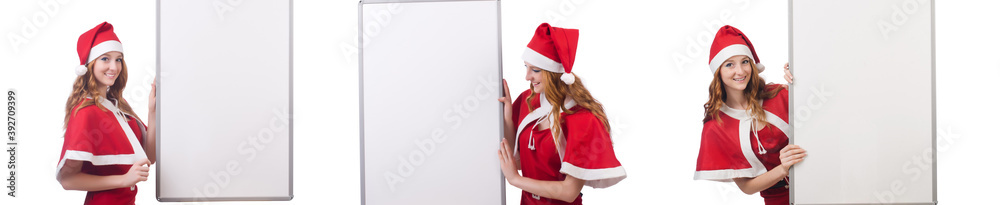 Young woman in red santa costume with blank board Young woman in red santa costume with blank board