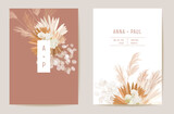 Wedding dried lunaria, orchid, pampas grass floral vector card. Exotic dried flowers, palm leaves boho invitation