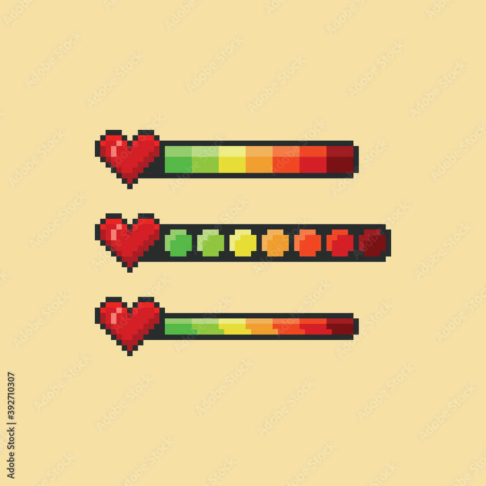 Pixel art vector illustration set - red heart and health bar color  indicator, 8 bit game design hud graphic sprite Векторный объект Stock |  Adobe Stock