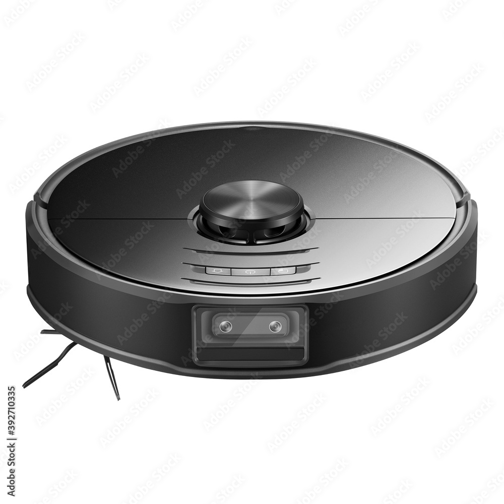 Black Robot Vacuum Isolated on White. Modern Autonomous Smart Robotic  Vacuum Cleaner or Roomba. Self-Drive Cleaning Robot. Floor Cleaning System.  Small Household & Domestic Appliances foto de Stock | Adobe Stock