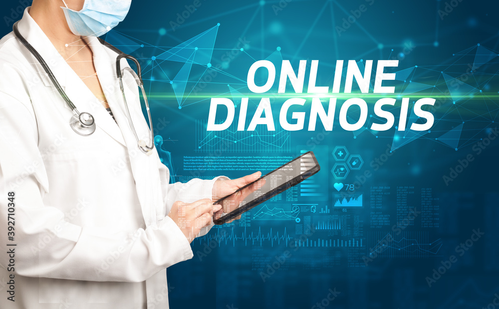 doctor writes notes on the clipboard with ONLINE DIAGNOSIS inscription, medical diagnosis concept doctor writes notes on the clipboard with ONLINE DIAGNOSIS inscription, medical diagnosis concept