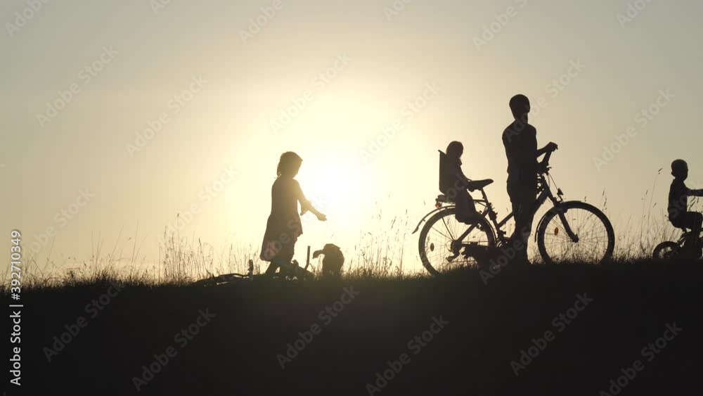 Silhouettes of a large large family with bicycles and dogs at sunset. Silhouettes of a large large family with bicycles and dogs at sunset.