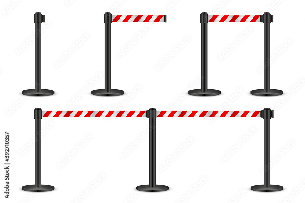 Realistic vector retractable belt stanchion. Crowd control barrier posts with caution strap. Queue lines. Restriction border and danger tape. Realistic vector retractable belt stanchion. Crowd control barrier posts with caution strap. Queue lines. Restriction border and danger tape.