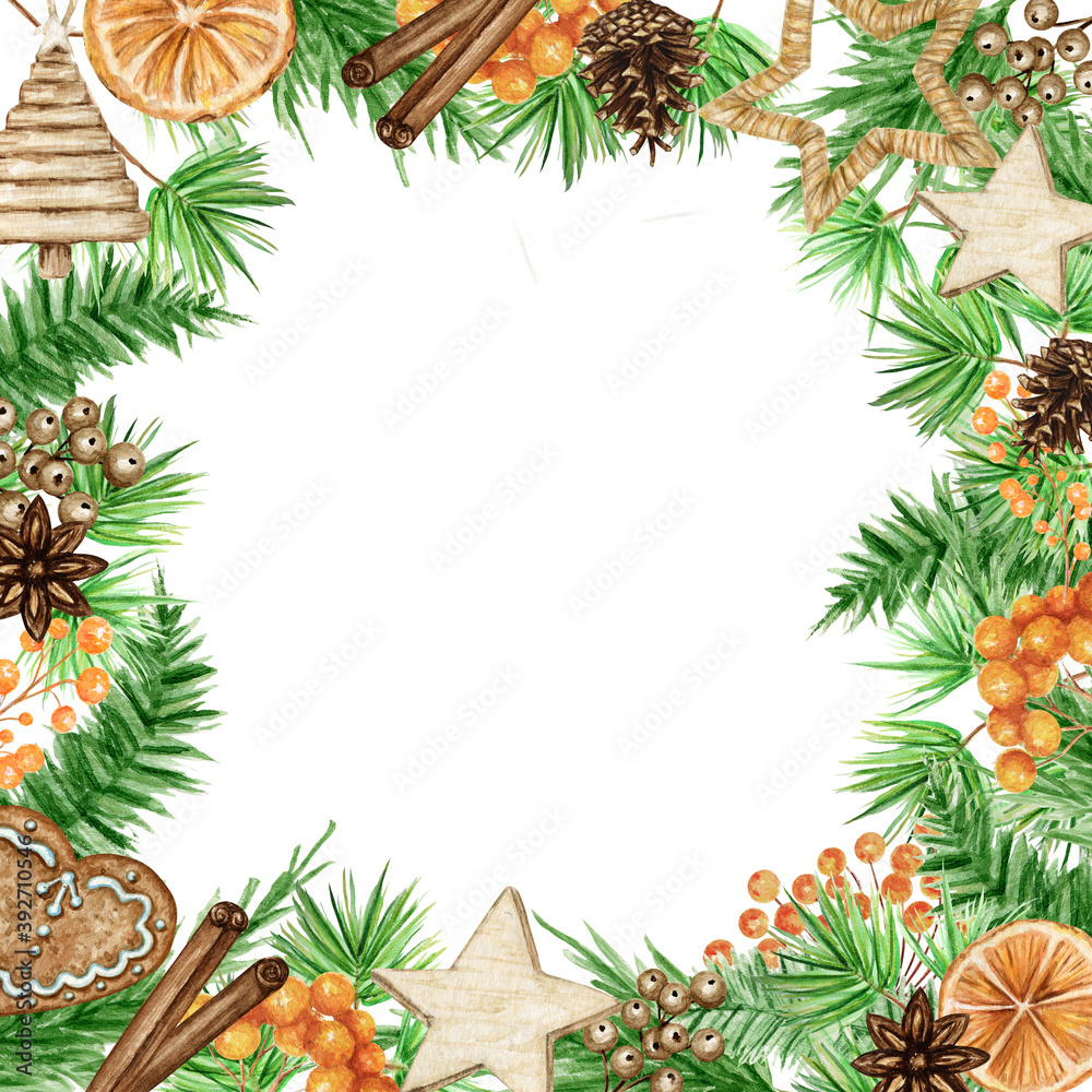 Christmas Boho frame set with pine branches, Cinnamon stick, star anise, Orange. Watercolor Vintage borders isolated illustration. For the design of Christmas, New Year cards and invitations