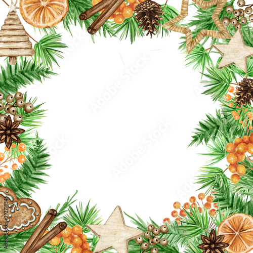 Christmas Boho frame set with pine branches  Cinnamon stick  star anise  Orange. Watercolor Vintage borders isolated illustration. For the design of Christmas  New Year cards and invitations