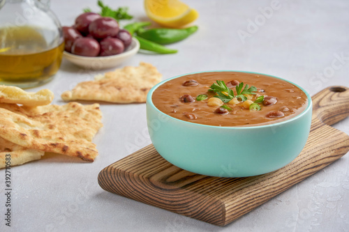 Fava beans dip, traditional egyptian, middle eastern food foul medames