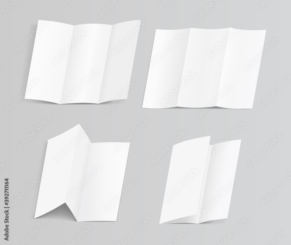 Set of blank trifold paper brochure mock-up on soft gray background with shadows Set of blank trifold paper brochure mock-up on soft gray background with shadows