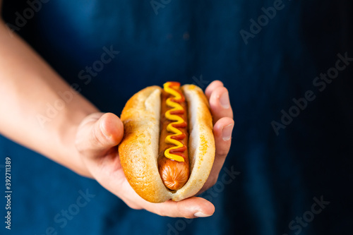 American traditional fast food Hotdog with fresh organic bread bun white wheat and black charcoal sausage ketchup mustard for meal with roasted onion pickle and French fries wedges and coleslaw