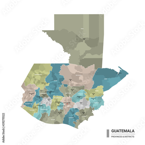 Guatemala higt detailed map with subdivisions. Administrative map of Guatemala with districts and cities name, colored by states and administrative districts. Vector illustration. photo