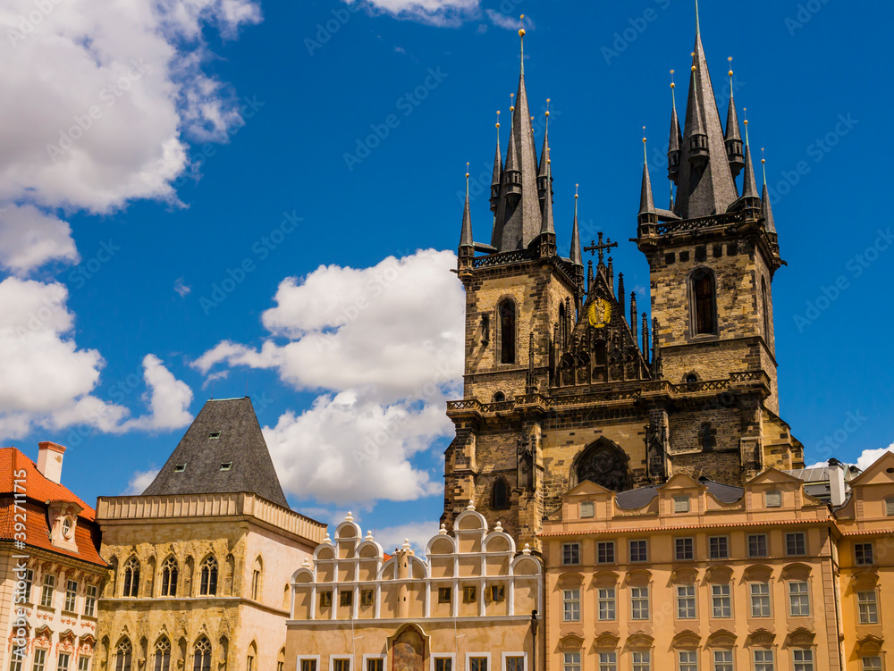 Stunning architectures of Prague old town sqaure with Church of Mother God before Tyn, Czech Republic
