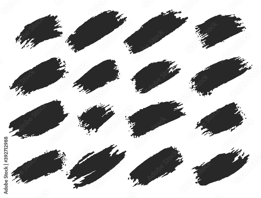 Brush lines set. Vector black paint brush spots, highlighter lines or