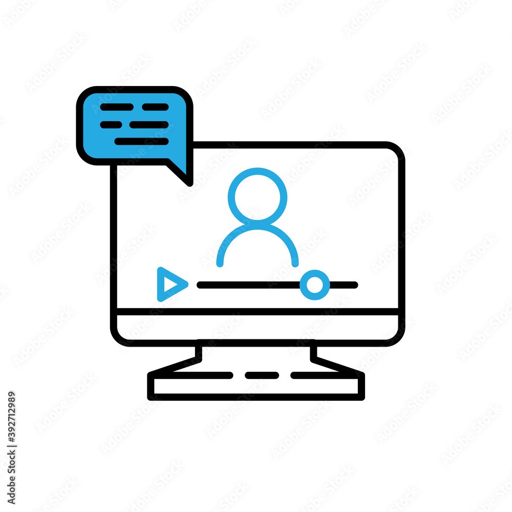 Online lesson icon. Video training symbol. Linear vector icon. Person talking in screen. Online lesson icon. Video training symbol. Linear vector icon. Person talking in screen.