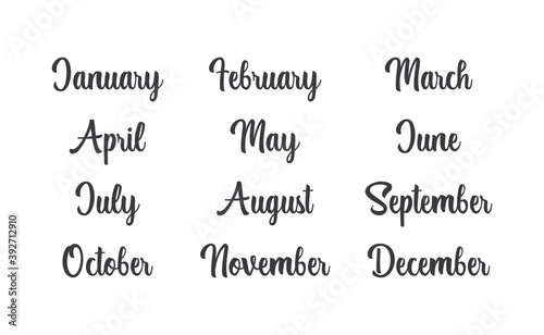 Handwritten names of months: December, January, February, March, April, May, June, July, August, September, October, November. Calligraphy words for calendars and organizers.