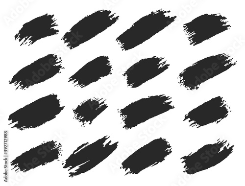 Brush lines set. Vector black paint brush spots, highlighter lines or felt-tip pen marker. Ink smudge abstract shape stains and smear set with texture - Vector