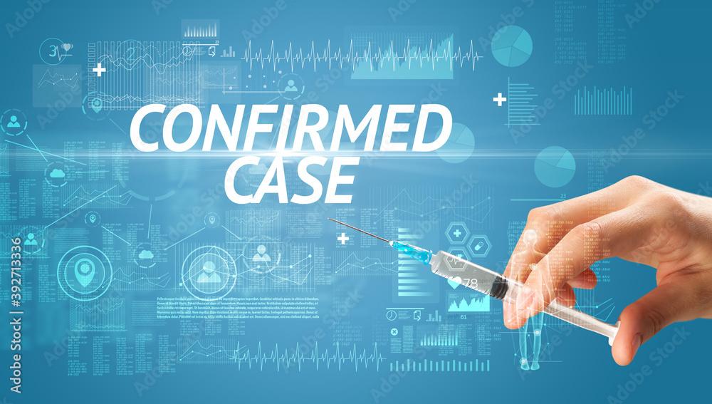Syringe needle with virus vaccine and CONFIRMED CASE inscription, antidote concept Syringe needle with virus vaccine and CONFIRMED CASE inscription, antidote concept