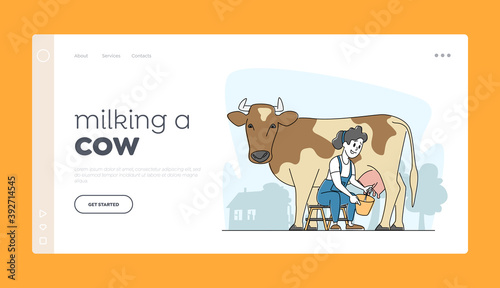 Farming Rancher Girl Working on Animal Farm Landing Page Template. Milkmaid Woman Character in Uniform Milking Cow