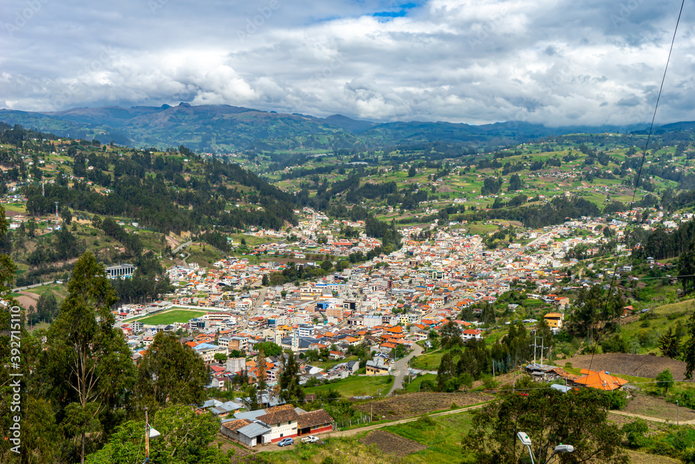 Ecuador, vieux from Sanctuary of the Virgen del Rocio down on  the village of Biblian. 