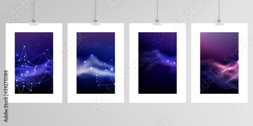 Realistic vector layouts of A4 format mockup design templates for brochure, flyer, cover design, book, magazine, brochure, poster. Digital data visualization, polygonal science dark background.