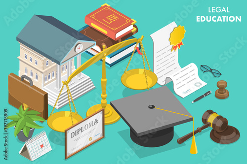 3D Isometric Flat Vector Conceptual Illustration of Legal Education, Learning Law.