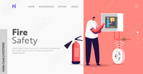 Fire, Energy and Electrical Safety Landing Page Template. Electrician Character Examine Working Draft or Measure Voltage