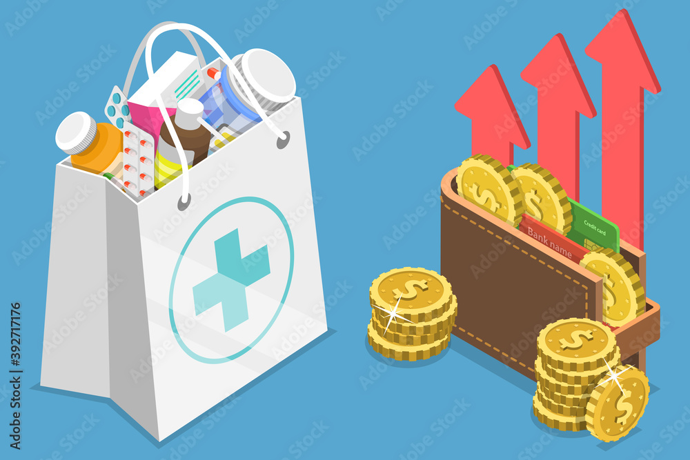 Φωτογραφία 3D Isometric Flat Vector Conceptual Illustration of Rising Health Care Costs, Drugs Price Increase