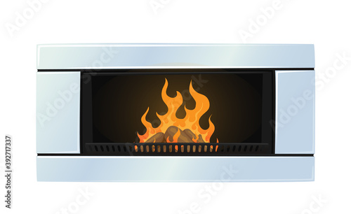 Home Built Fireplace, Burning Stove With Iron Grate, Stones and Fire Inside Isolated on White Background, Chimney Decor