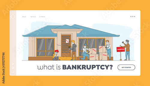 Bankruptcy, Property Confiscation Landing Page Template. Frustrated, Disappointed Female Crying front of Home Door