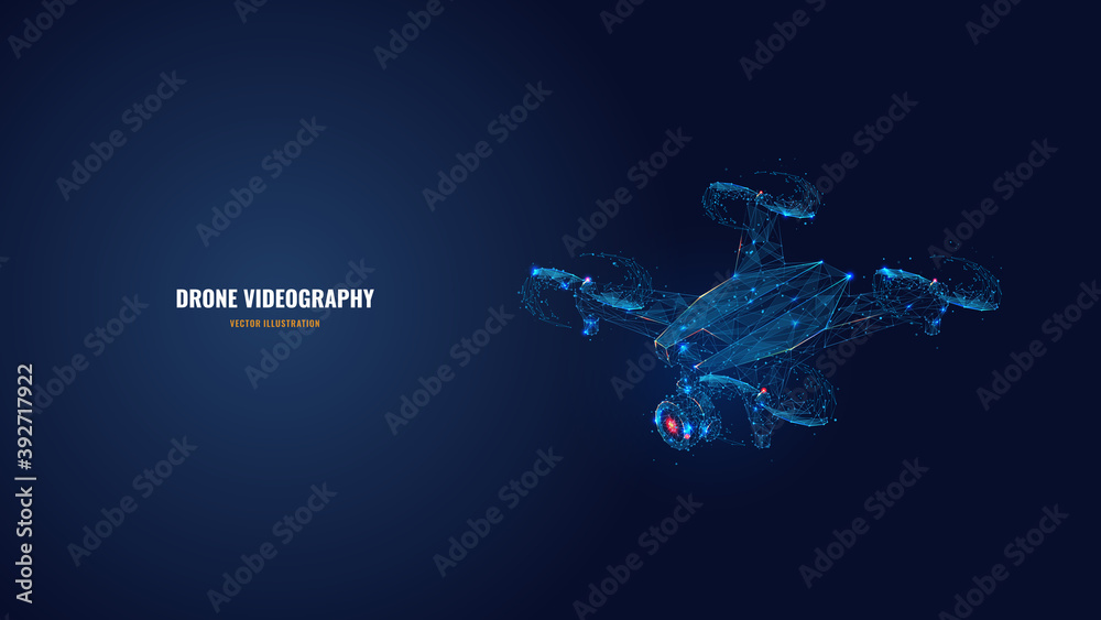 © AntonKhrupinArt - Digital vector 3d illustration of drone with camera in dark blue. Drone videography, aerial photography, modern technology concept. Abstract low poly quadcopter with dots, lines, stars and particles