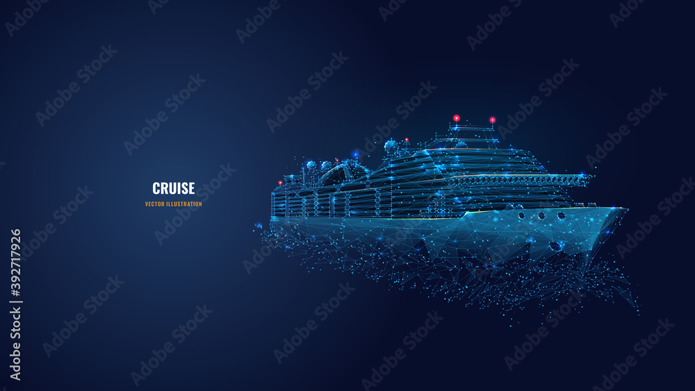 Digital low poly 3d cruise ship in dark blue. Travelling by sea, ocean ...
