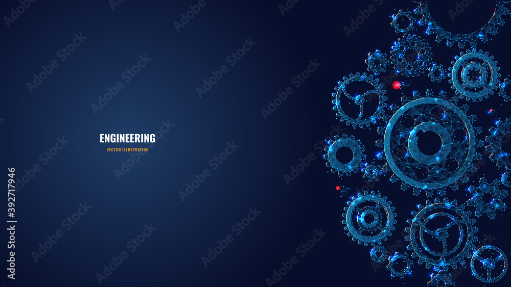 Digital low poly 3d gears. Cogs and gear wheel mechanisms in dark blue. Engineering or mechanical technology concept. Abstract vector mesh illustration with dots, lines, stars and glowing particles Digital low poly 3d gears. Cogs and gear wheel mechanisms in dark blue. Engineering or mechanical technology concept. Abstract vector mesh illustration with dots, lines, stars and glowing particles