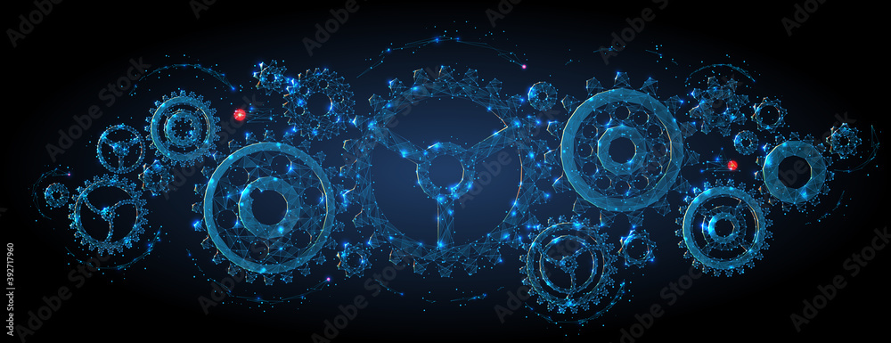 Abstract vector 3d gear wheels in dark background. Cogs and gear wheel mechanisms concept. Digital polygonal blue mesh with dots, lines and shapes. Mechanical technology machine engineering wireframe - obrazy, fototapety, plakaty 