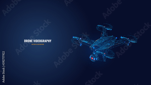 Digital vector 3d illustration of drone with camera in dark blue. Drone videography, aerial photography, modern technology concept. Abstract low poly quadcopter with dots, lines, stars and particles photo