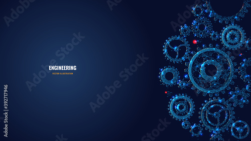 Digital low poly 3d gears. Cogs and gear wheel mechanisms in dark blue. Engineering or mechanical technology concept. Abstract vector mesh illustration with dots, lines, stars and glowing particles