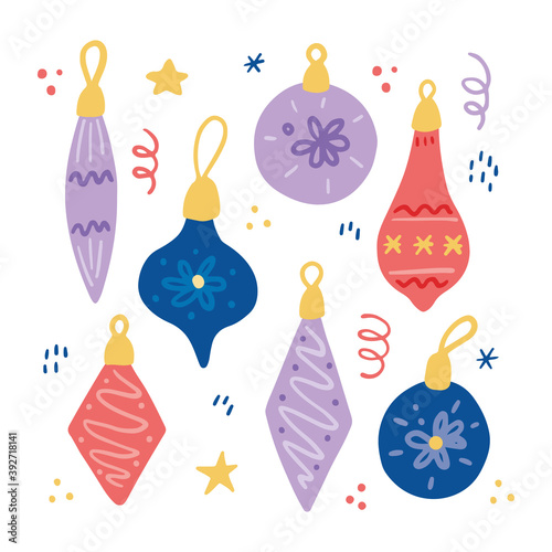 Set of Christmas decoration ball. Hand drawn style illustration. Winter holiday, christmas, new year concept.