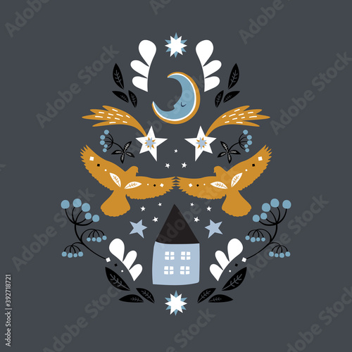 Vector illustration with moon, stars, birds, house, tree branches stock illustration. Animal, Art, Berry Fruit, Bird, Branch - Plant Part
