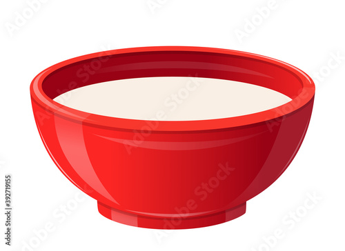 Milk in Ceramic Bowl, Healthy Breakfast Concept. Realistic Soup Plate Full of White Liquid. Natural Food, Dairy Drink