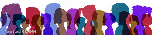 Silhouette profile group of men and women of diverse culture. Concept of racial equality and anti-racism. Multicultural society, friendship. Diversity multiethnic and multiracial people - vector