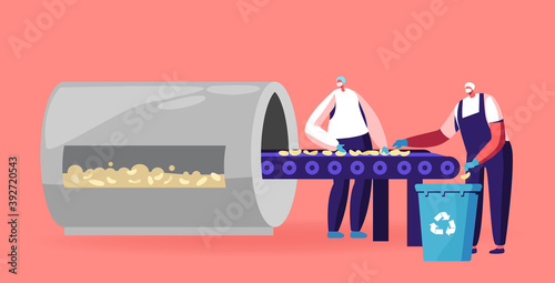 Potato Chips Manufacturing Process. Workers Characters Wearing Uniform on Factory Conveyor Belt Sorting Baked Chips